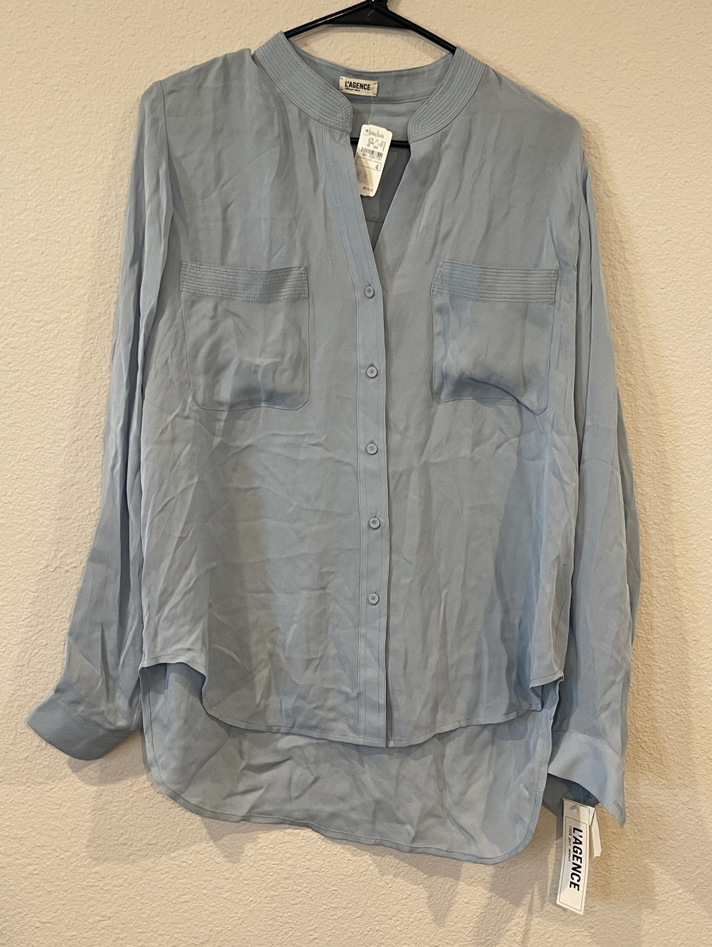NWT L'AGENCE Vintage Y2K Powder Blue Silk Long Sleeve Button Up Pocket Shirt 4